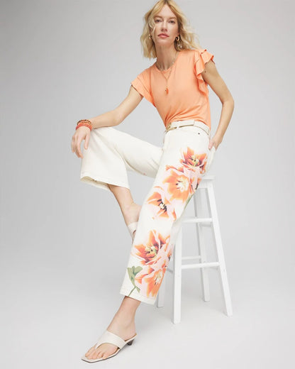 Chico's Women | Petite Floral High-Rise Wide-Leg Cropped Jeans SEA SALT