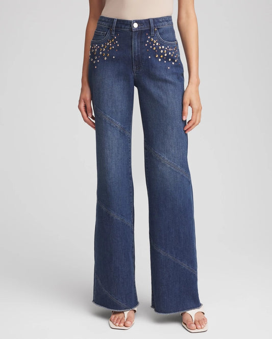 Chico's Women | Petite Embellished Frayed Flared-Leg Jeans IRVINA INDIGO