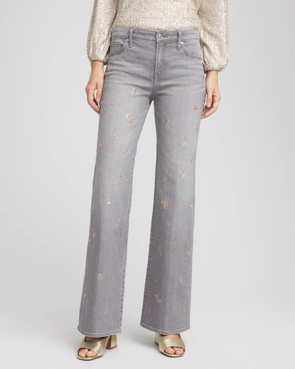 Chico's Women | Petite Rose Gold Embroidered Girlfriend Flared Jeans LE HAVRE WASH