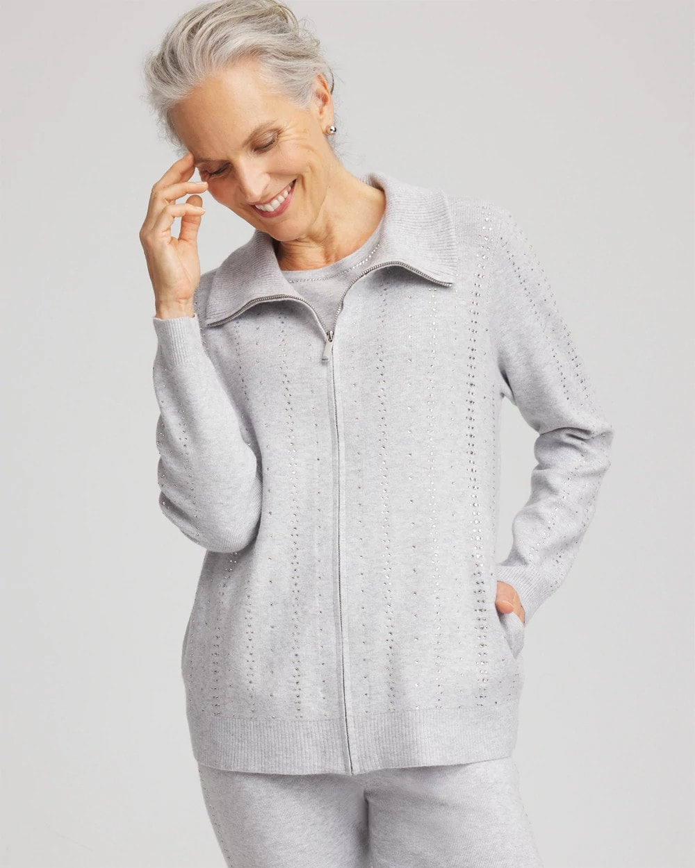 Chico's Women | Zenergy® Luxe Diamante Zip Cardigan FROSTED GRAY HEATHER