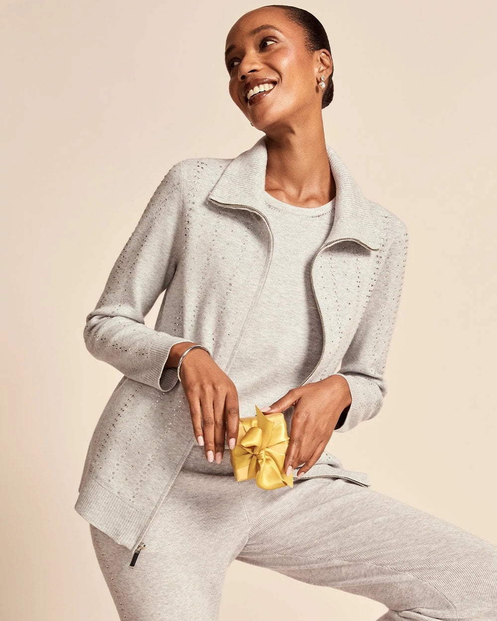 Chico's Women | Zenergy® Luxe Diamante Zip Cardigan FROSTED GRAY HEATHER