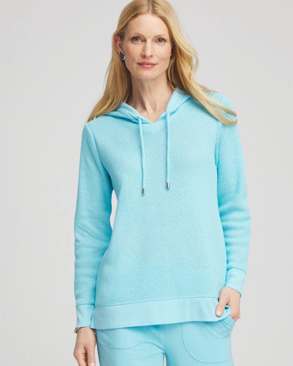 Chico's Women | Zenergy® Crochet Knit Hooded Pullover Top PARADISO BLUE