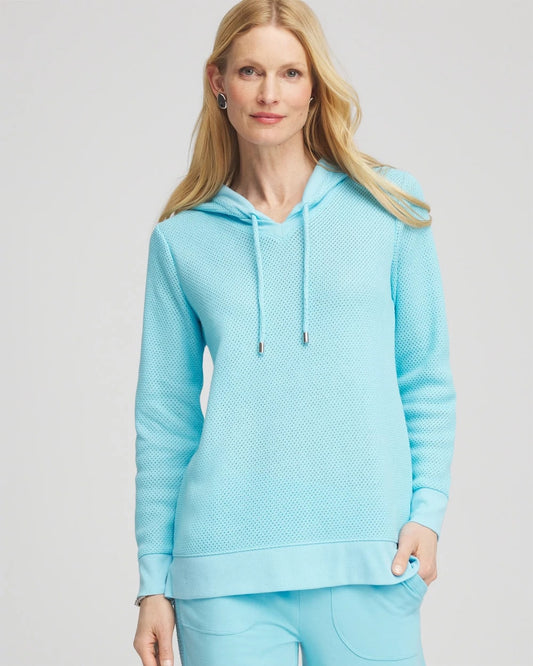 Chico's Women | Zenergy® Crochet Knit Hooded Pullover Top PARADISO BLUE