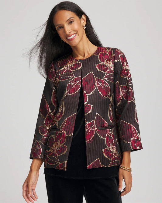 Chico's Women | Travelers™ Collection Jacquard Foiled Floral Jacket RED
