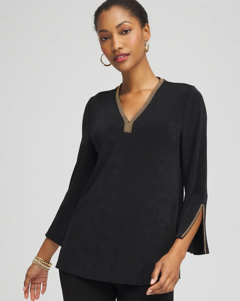 Chico's Women | Travelers™ Embellished V-Neck Flutter Sleeve Tunic TRAVELERS BLACK