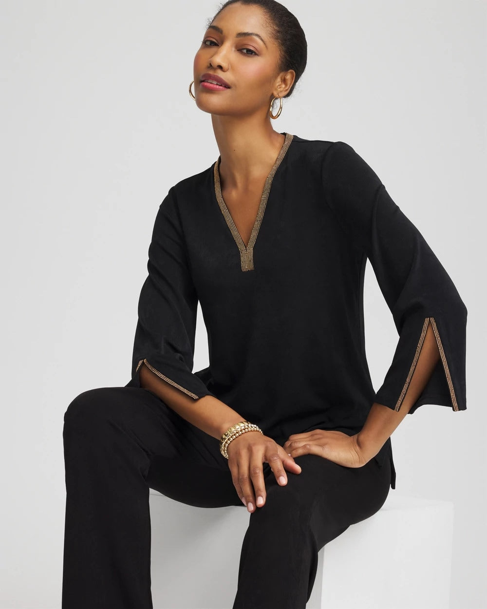 Chico's Women | Travelers™ Embellished V-Neck Flutter Sleeve Tunic TRAVELERS BLACK