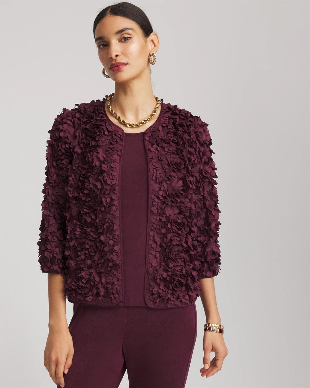 Chico's Women | Travelers™ Collection Textured Rosette Jacket BLACKENED BURGUNDY