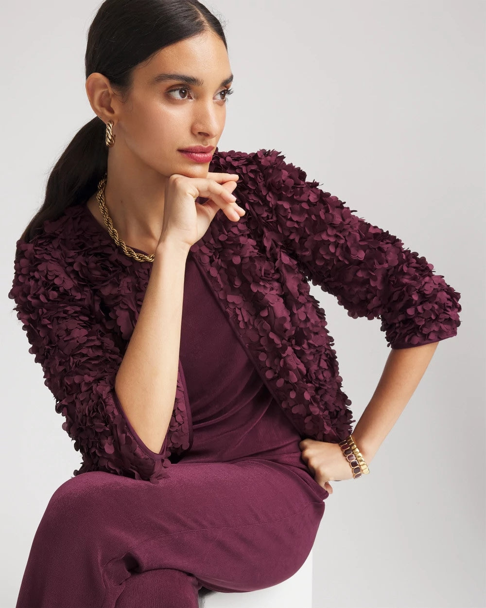 Chico's Women | Travelers™ Collection Textured Rosette Jacket BLACKENED BURGUNDY