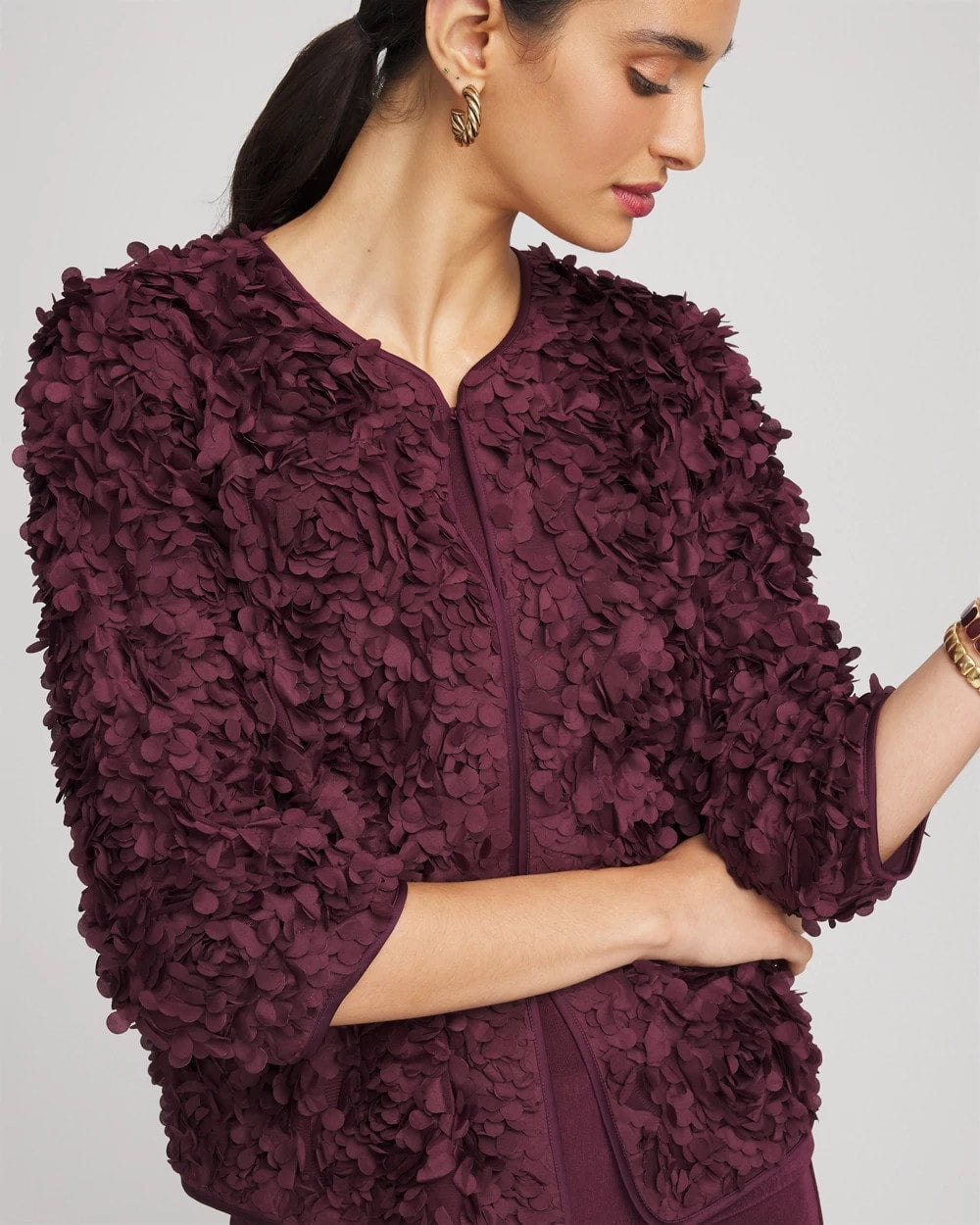 Chico's Women | Travelers™ Collection Textured Rosette Jacket BLACKENED BURGUNDY
