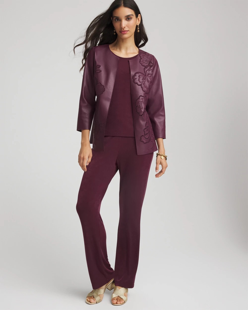 Chico's Women | Travelers™ Collection Faux Leather Embroidered Jacket BLACKENED BURGUNDY