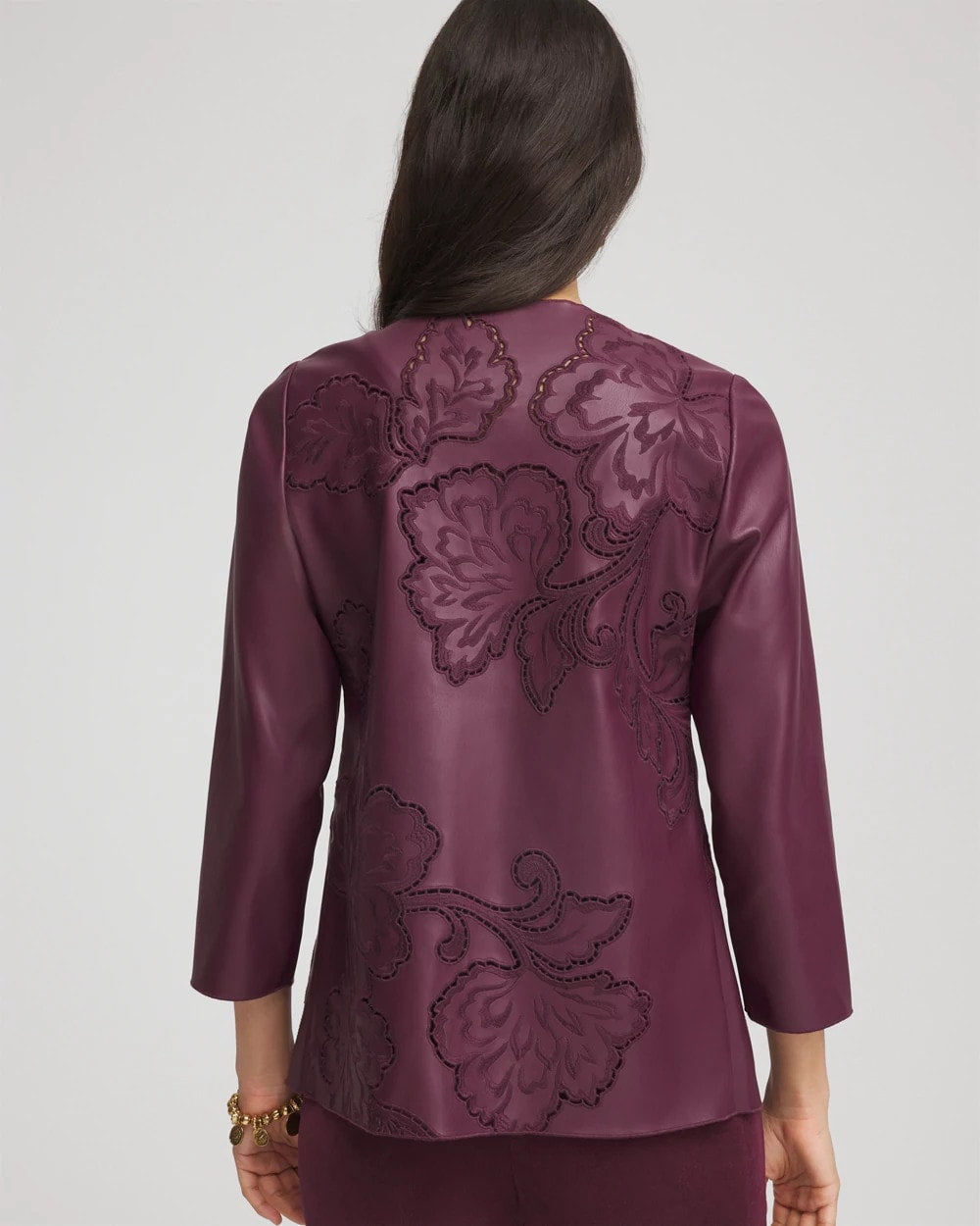 Chico's Women | Travelers™ Collection Faux Leather Embroidered Jacket BLACKENED BURGUNDY