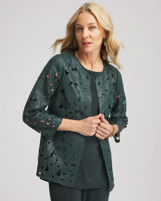 Chico's Women | Travelers™ Collection Faux Leather Floral Jacket DARKEST SPRUCE