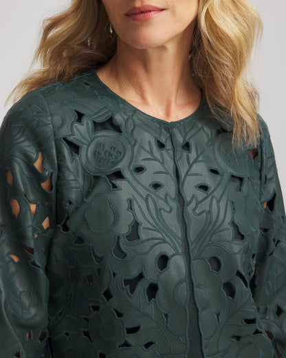 Chico's Women | Travelers™ Collection Faux Leather Floral Jacket DARKEST SPRUCE