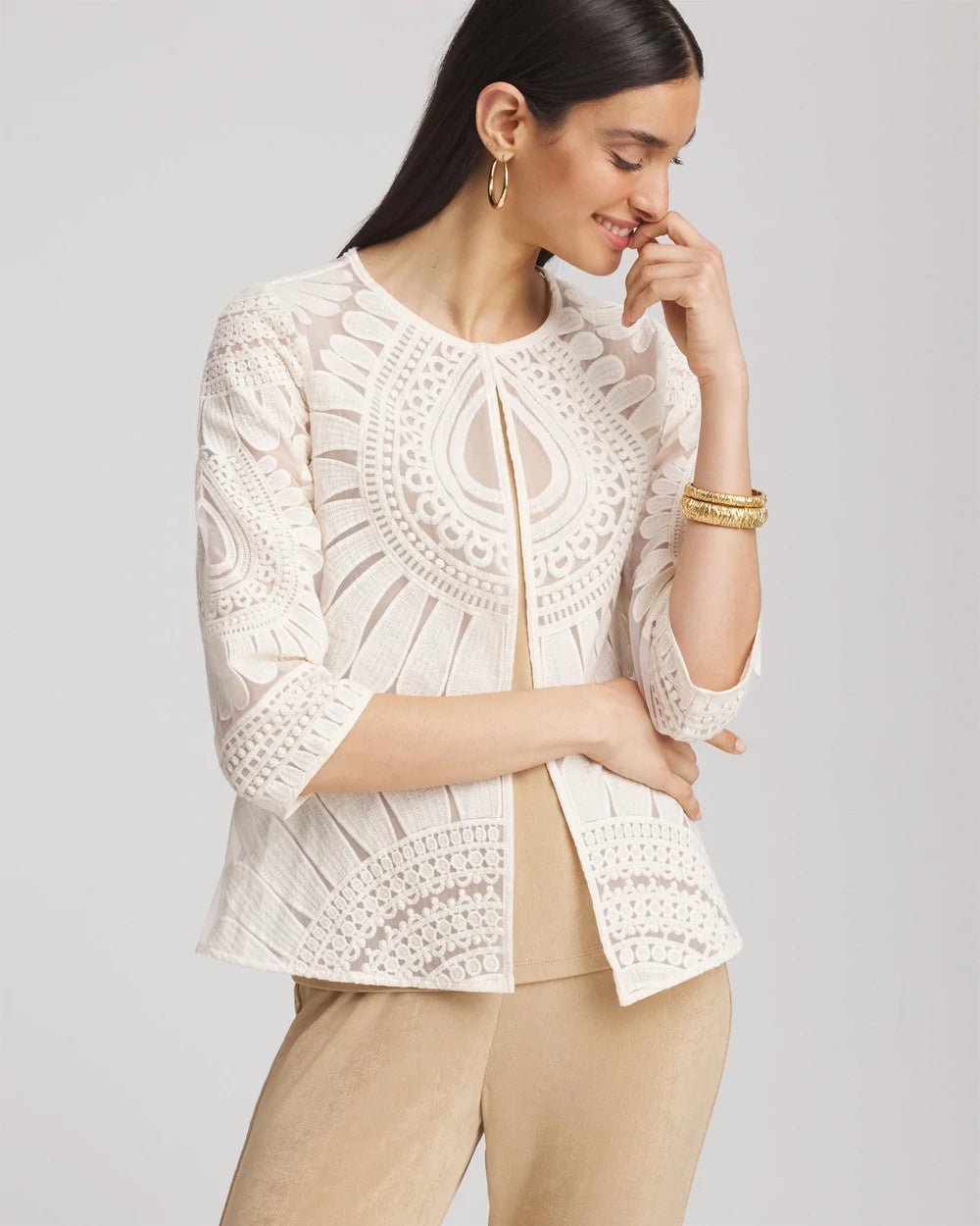 Chico's Women | Travelers™ Collection Embroidered 3/4 Sleeve Jacket MODERN ECRU