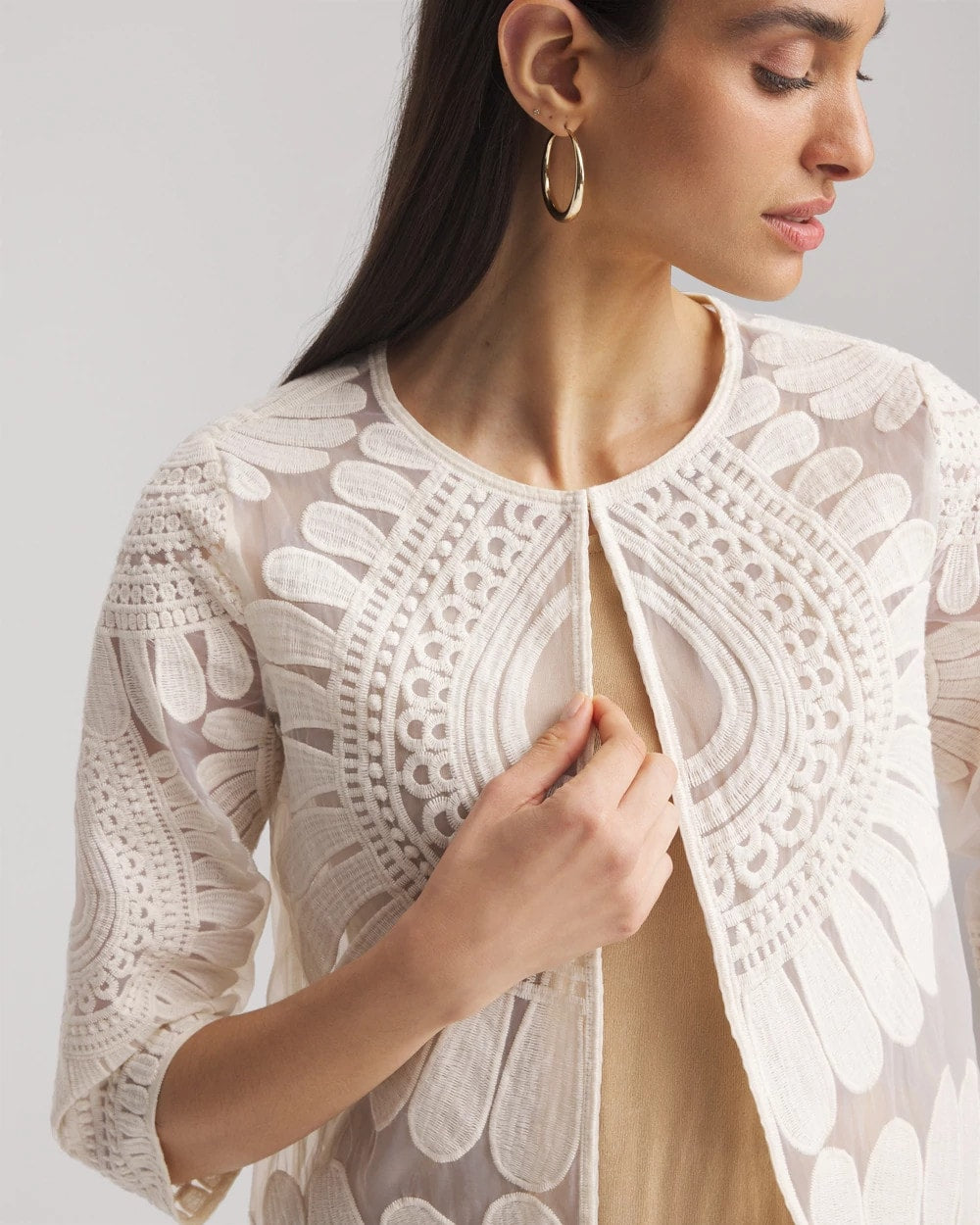 Chico's Women | Travelers™ Collection Embroidered 3/4 Sleeve Jacket MODERN ECRU