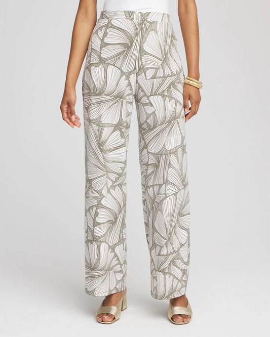 Chico's Women | Travelers™ Abstract Leaf Print Knit Wide-Leg Pants DUSTY OLIVE