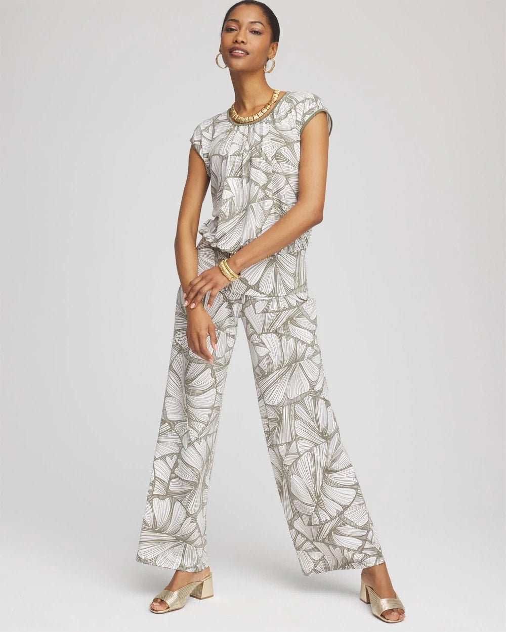 Chico's Women | Travelers™ Abstract Leaf Print Knit Wide-Leg Pants DUSTY OLIVE