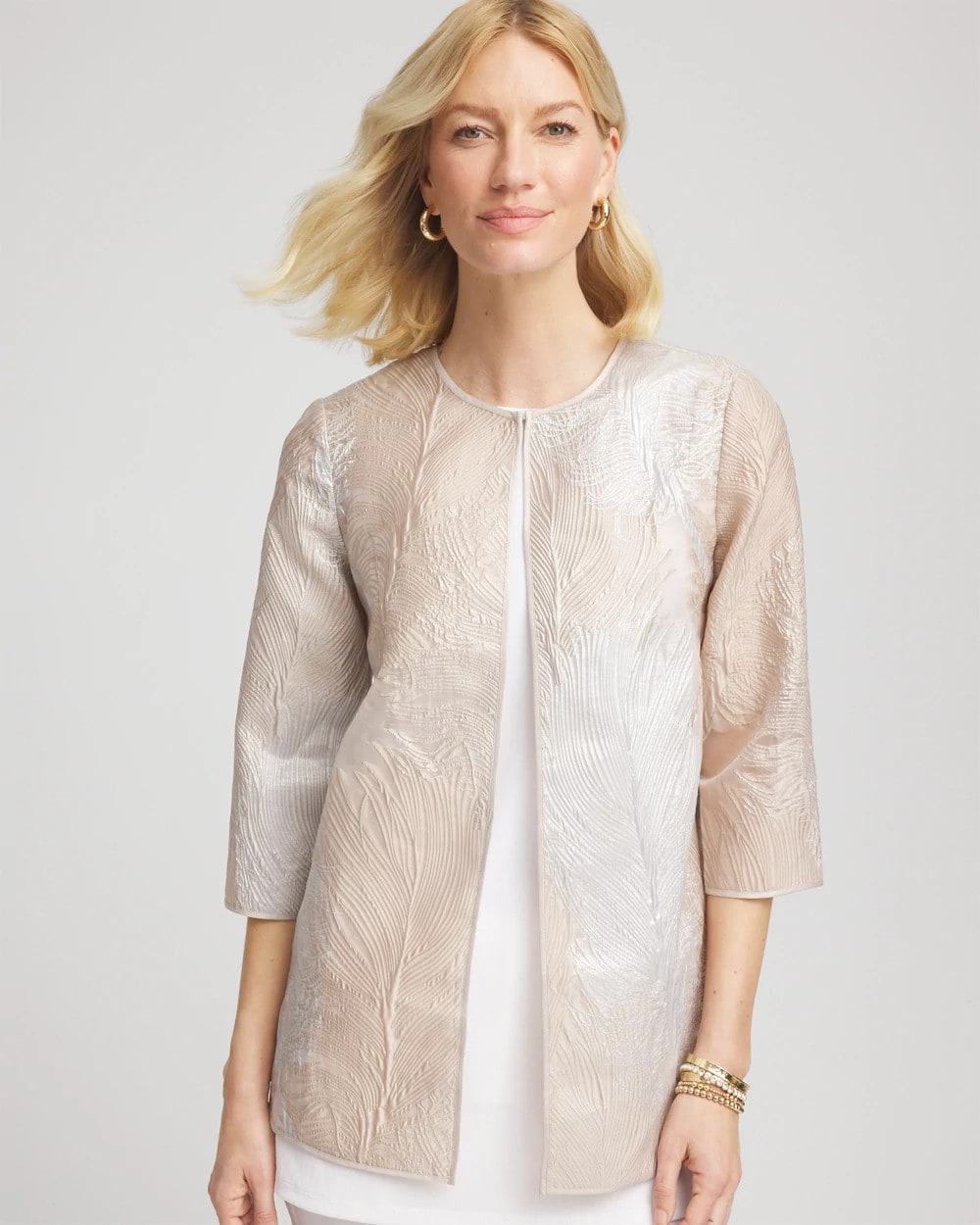 Chico's Women | Travelers™ Collection Metallic 3/4 Sleeve Jacket CAFE AROMA