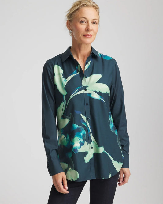 Chico's Women | No Iron™ Glacial Flora Sateen Shirt TEAL SHADOW