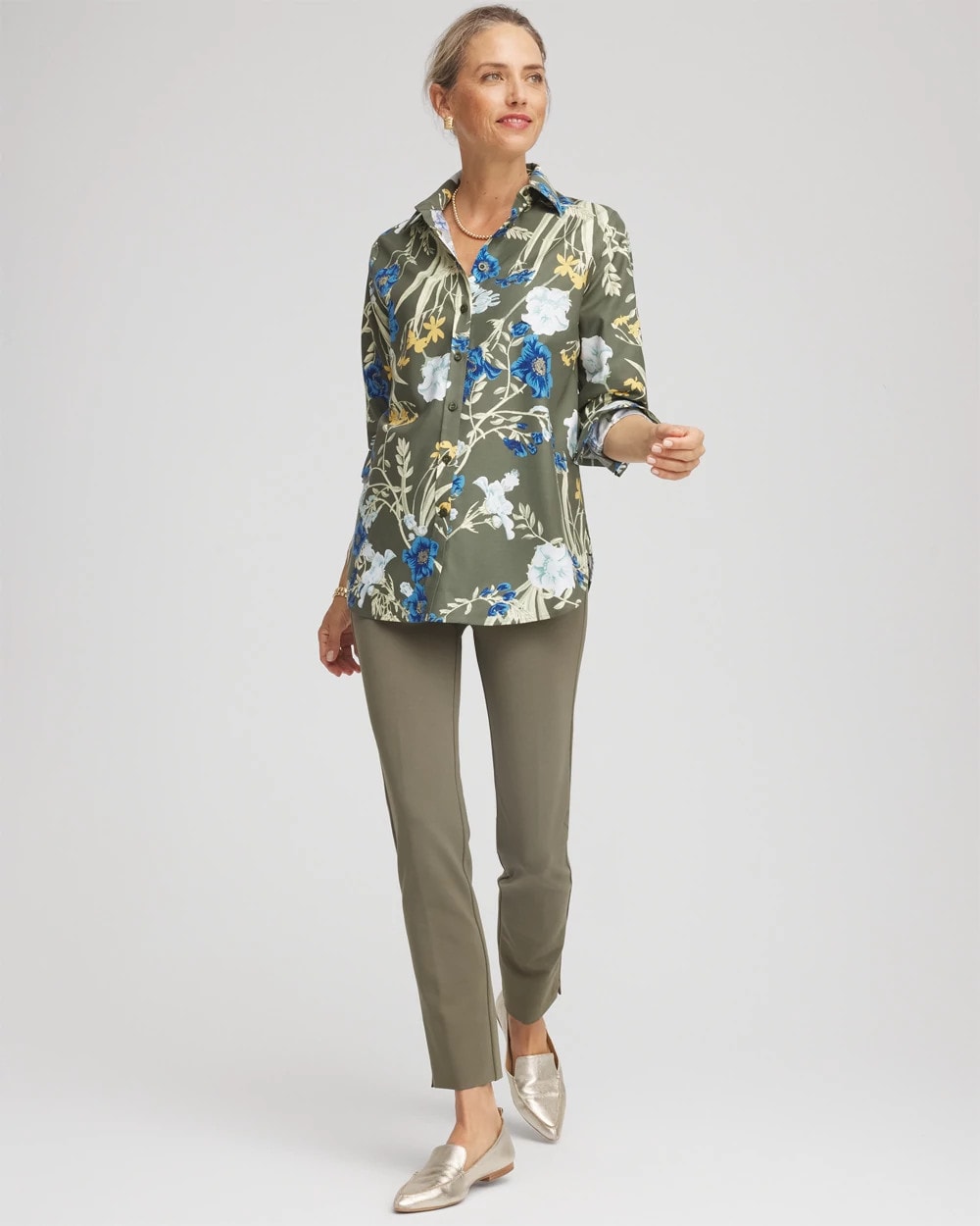 Chico's Women | No Iron™ Printed Sateen Shirt NETTLE LEAF