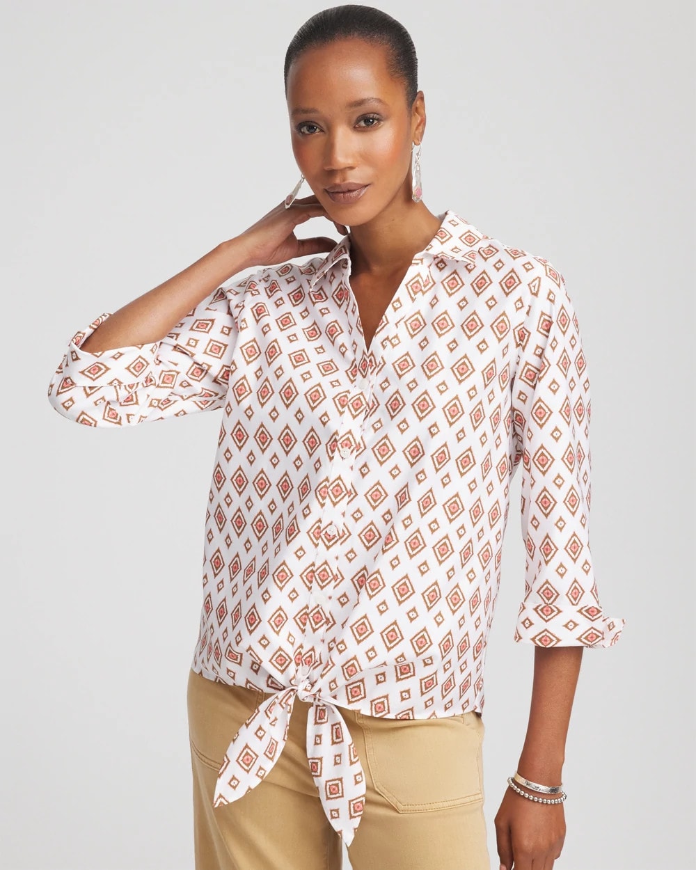 Chico's Women | No Iron™ Tie-Front Geo-Print Shirt SIESTA ROSE