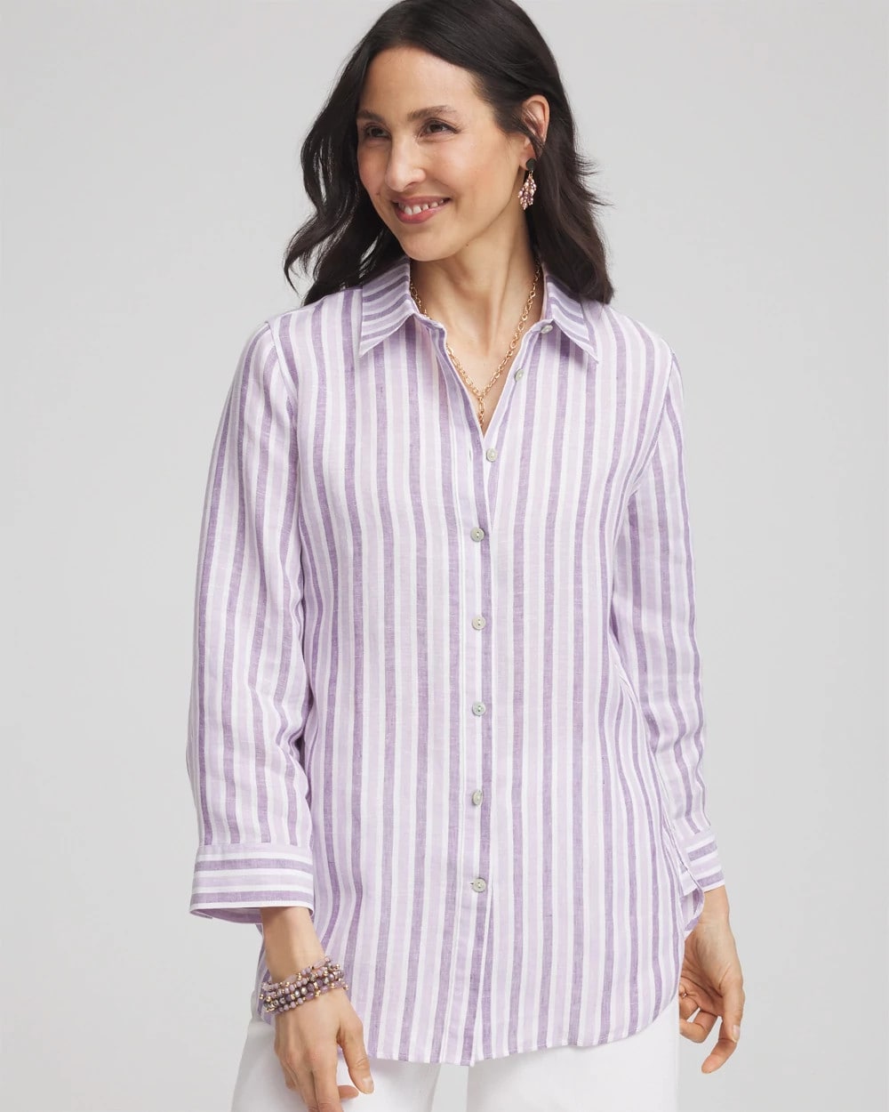 Chico's Women | No Iron™ Plum Striped Linen Shirt PLUM SHADE