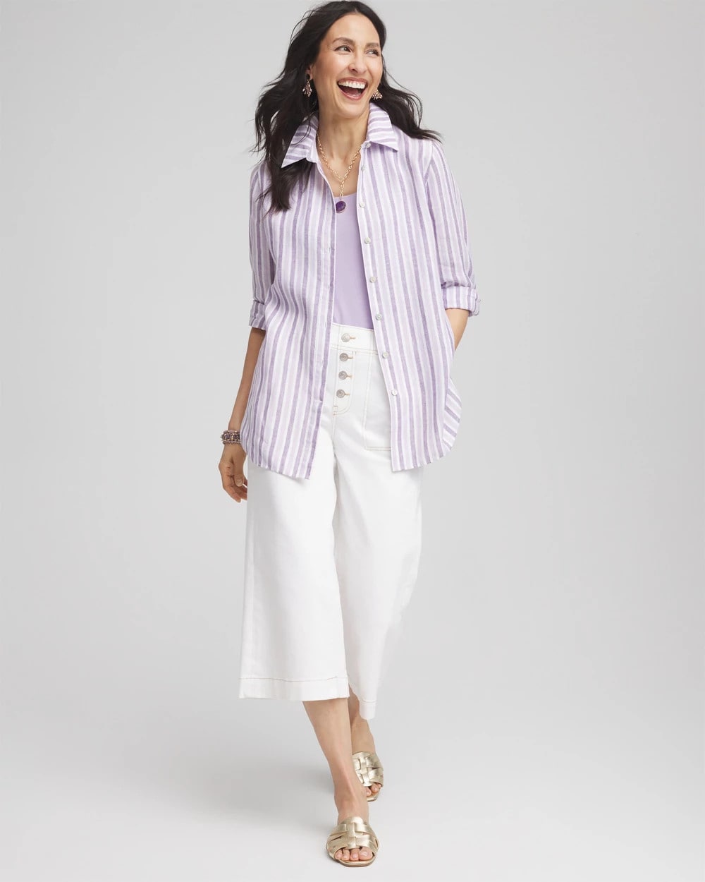 Chico's Women | No Iron™ Plum Striped Linen Shirt PLUM SHADE