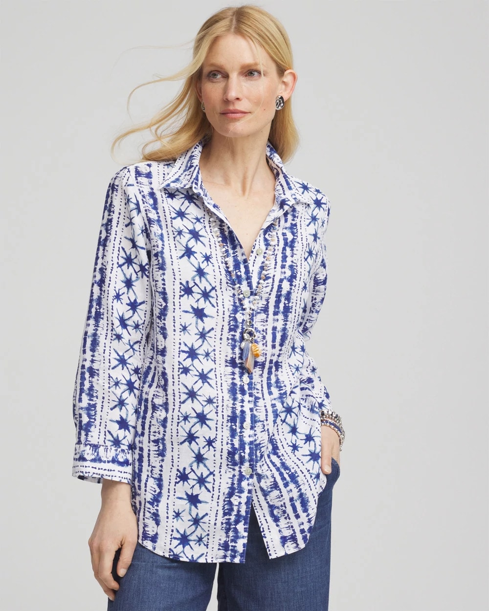 Chico's Women | No Iron™ Star Print Linen Shirt RICH COBALT