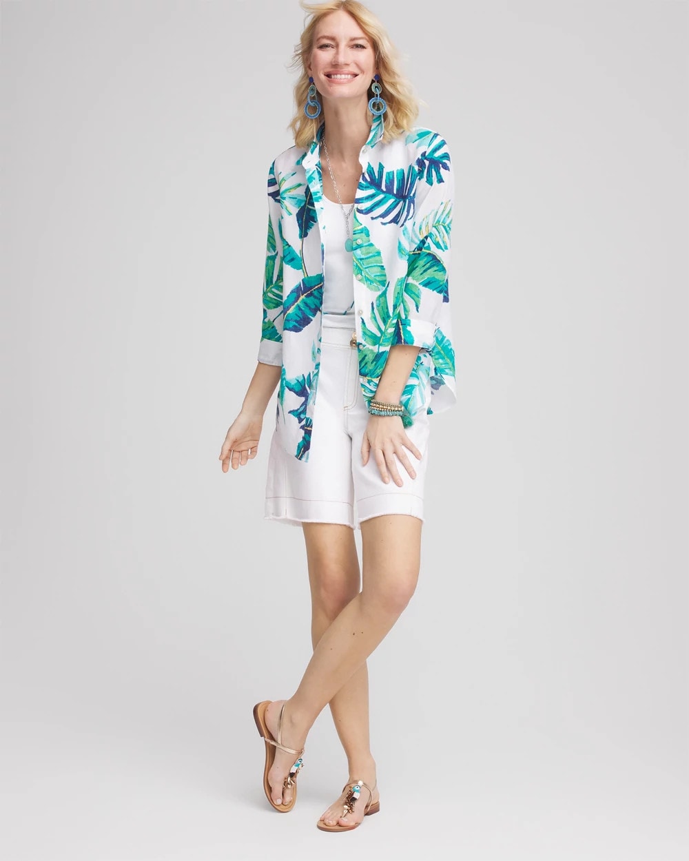 Chico's Women | No Iron™ Palm Print Linen Shirt SEASPRAY
