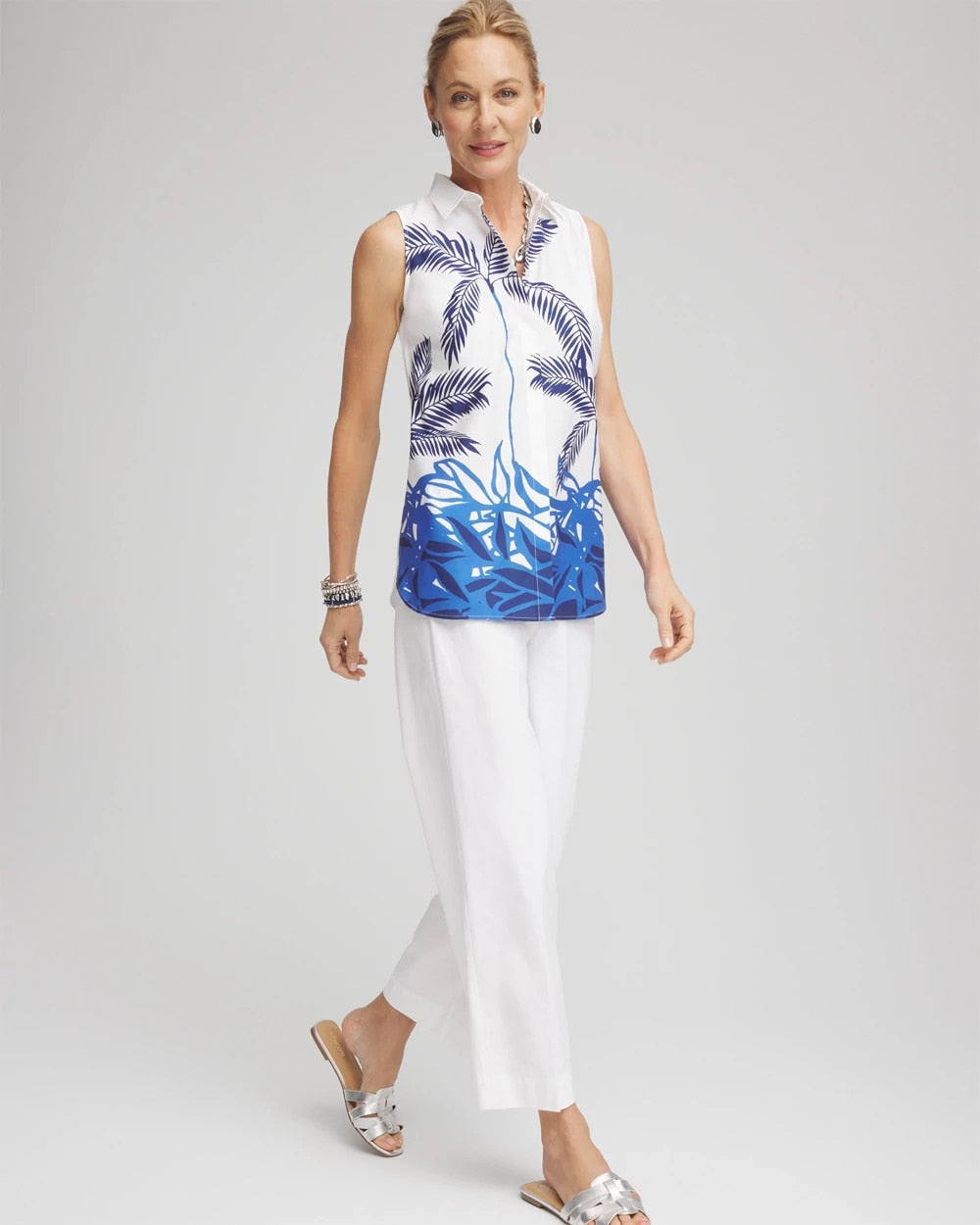 Chico's Women | No Iron™ Palms Sleeveless Sateen Shirt BLUE CASA
