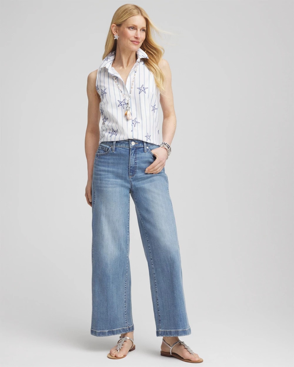 Chico's Women | No Iron™ Starfish Striped Sleeveless Sateen Shirt OPTIC WHITE