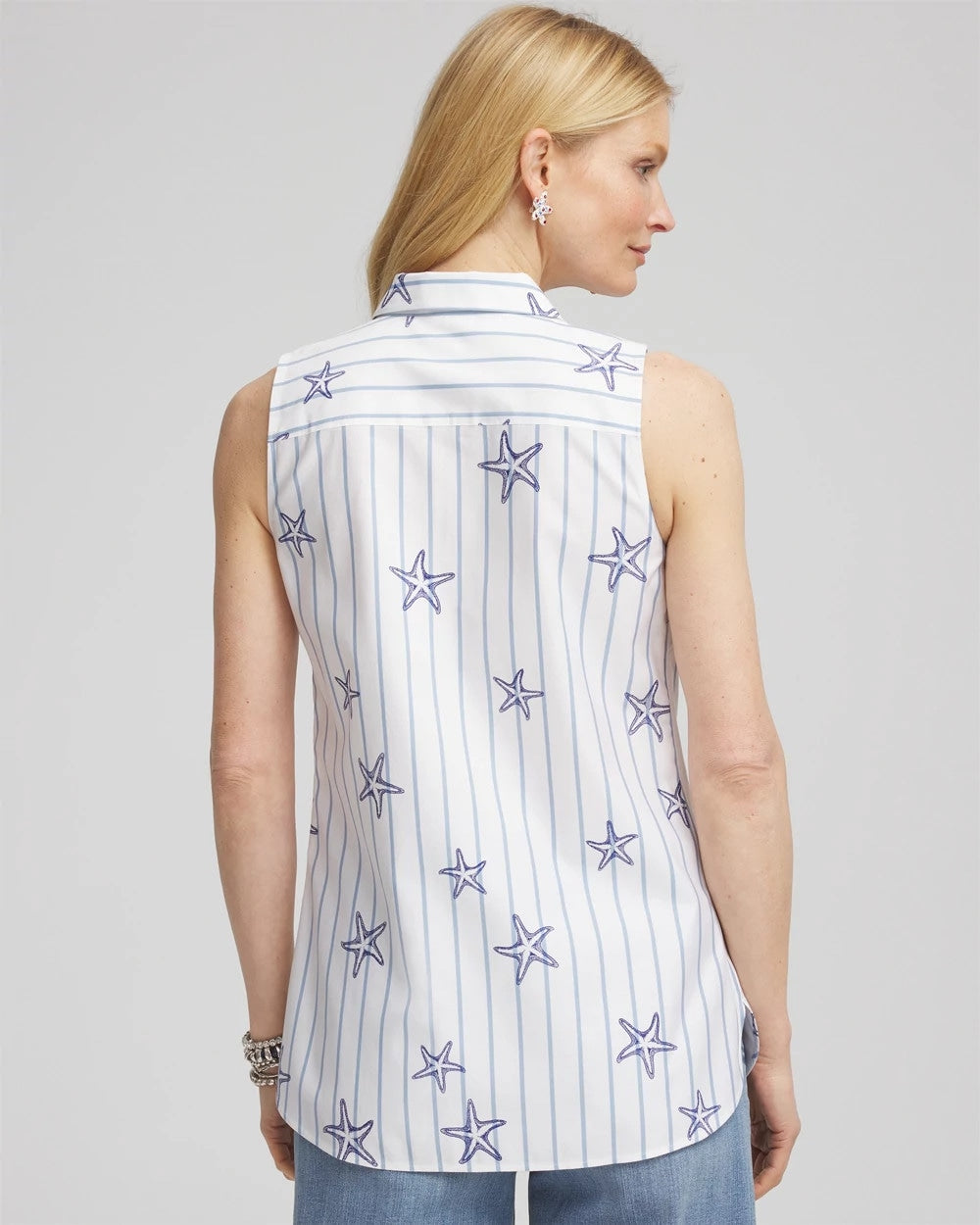 Chico's Women | No Iron™ Starfish Striped Sleeveless Sateen Shirt OPTIC WHITE