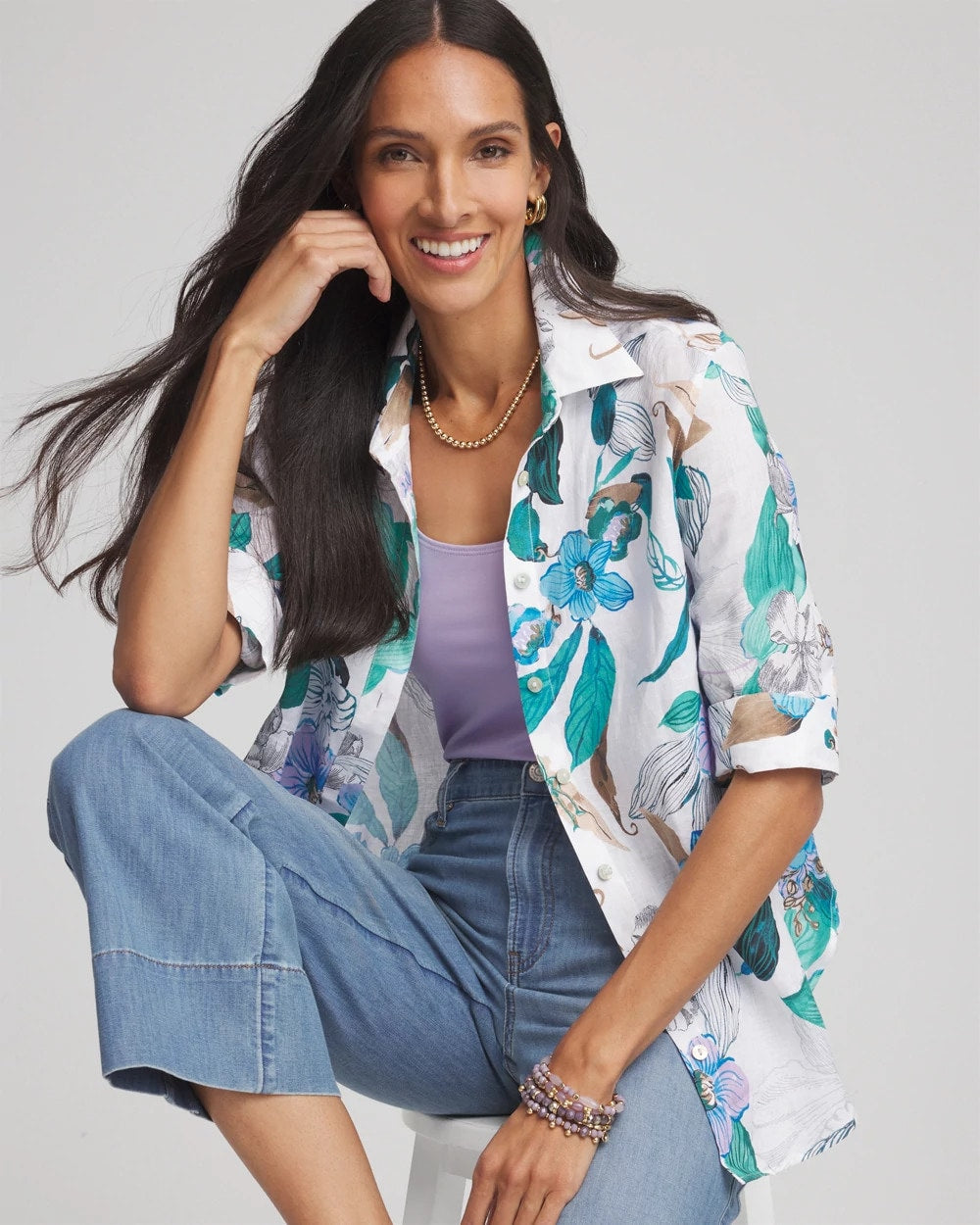 Chico's Women | No Iron™ Floral Linen Shirt PARADISO BLUE