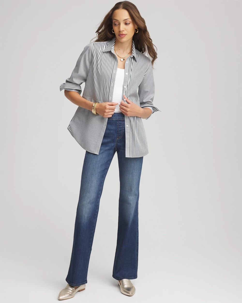 Chico's Women | No Iron™ Colorblock Striped Shirt DARKEST SPRUCE