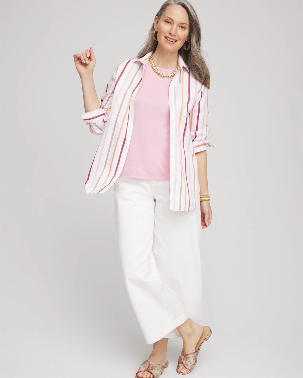 Chico's Women | No Iron™ Striped Stretch-Sateen Shirt ECRU