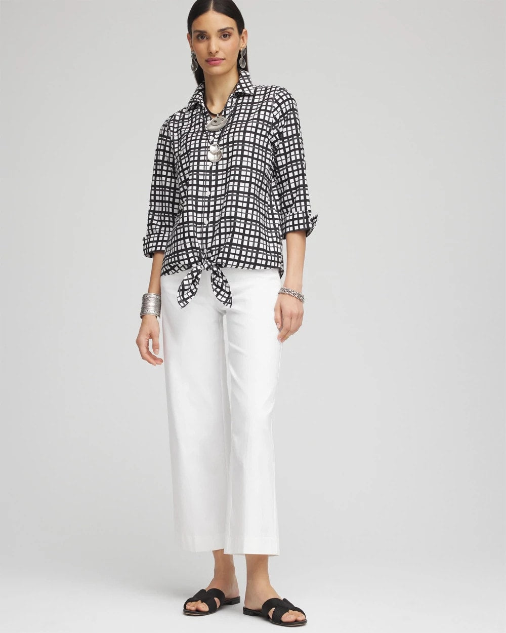 Chico's Women | No Iron™ Plaid Tie-Front Top BLACK