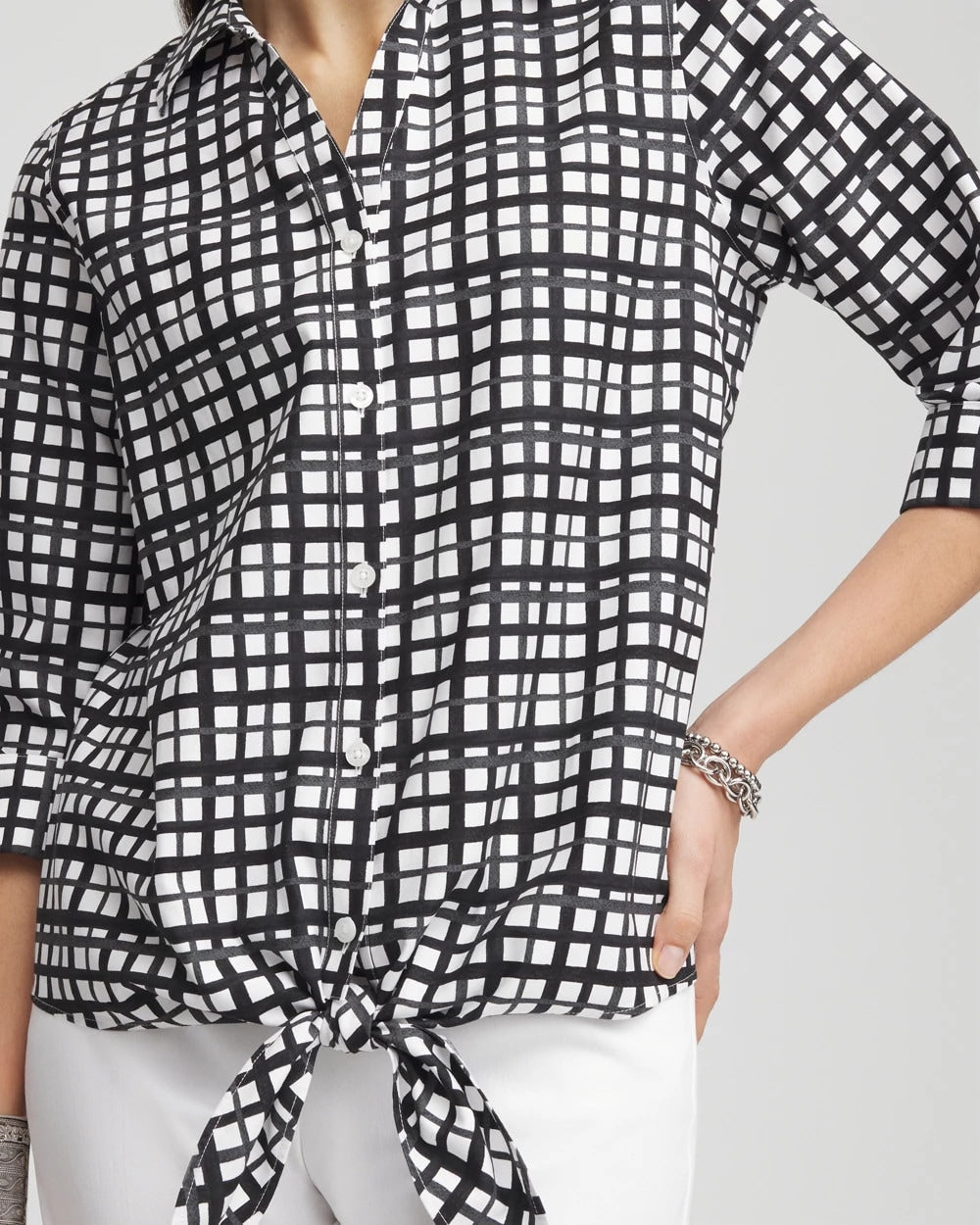 Chico's Women | No Iron™ Plaid Tie-Front Top BLACK