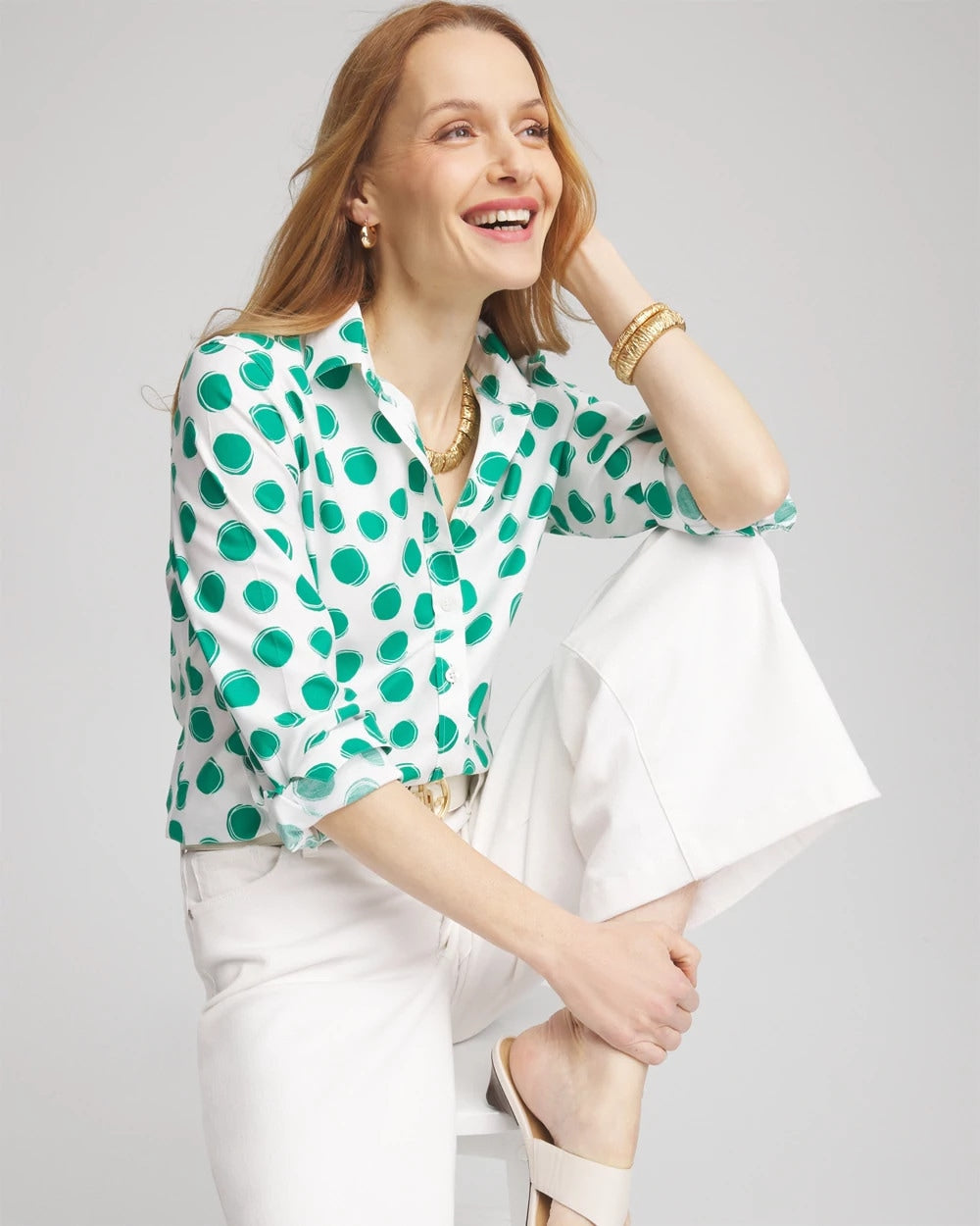 Chico's Women | No Iron™ Polka-Dot Sateen Shirt EDEN GREEN
