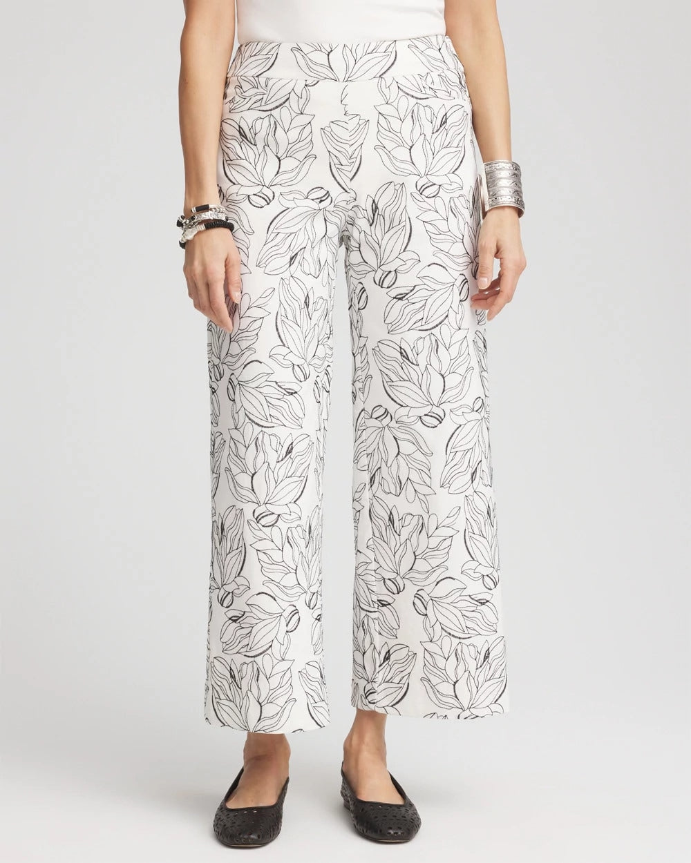 Chico's Women | Brigitte™ Floral Embroidered Wide-Leg Cropped Pants ECRU