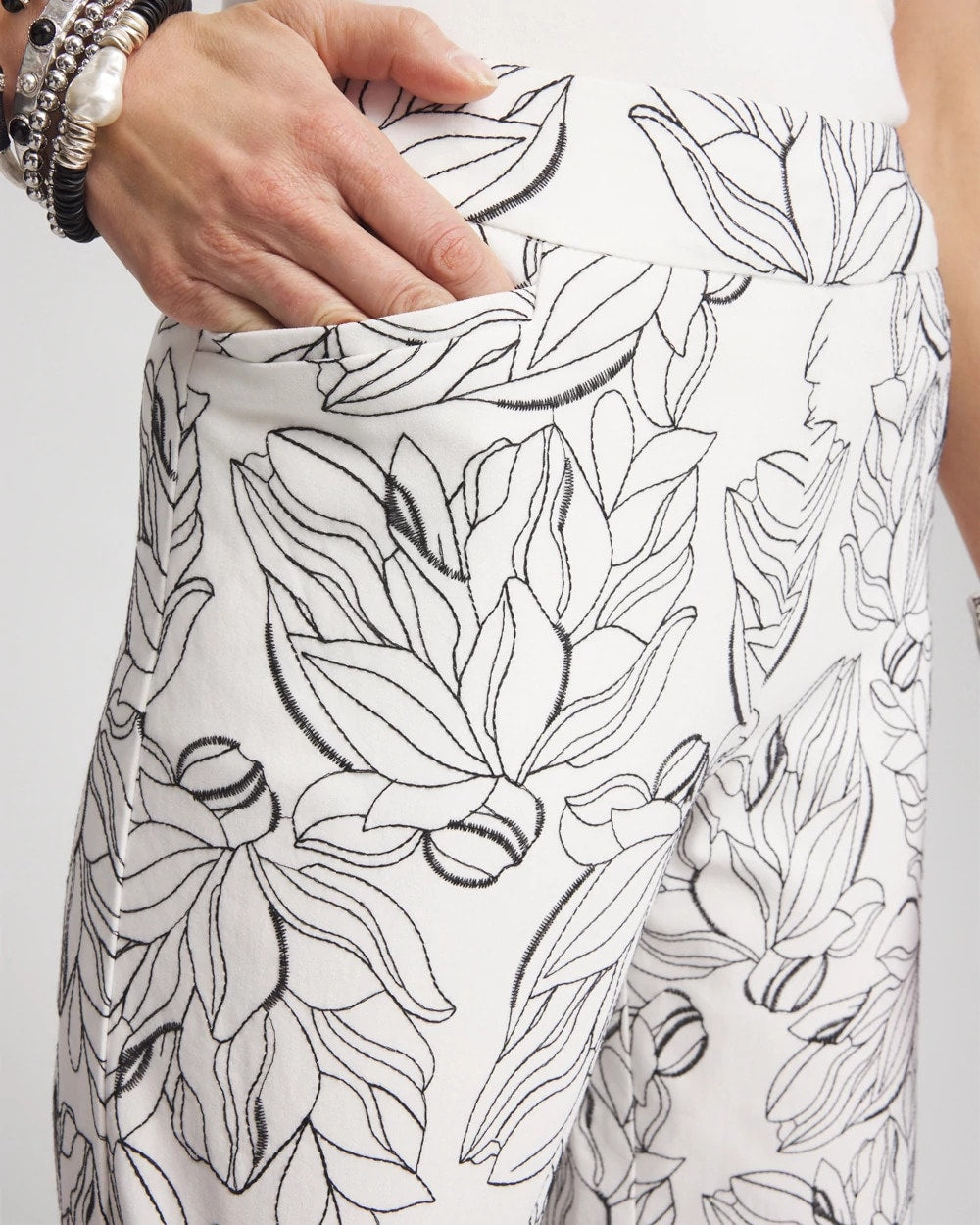Chico's Women | Brigitte™ Floral Embroidered Wide-Leg Cropped Pants ECRU