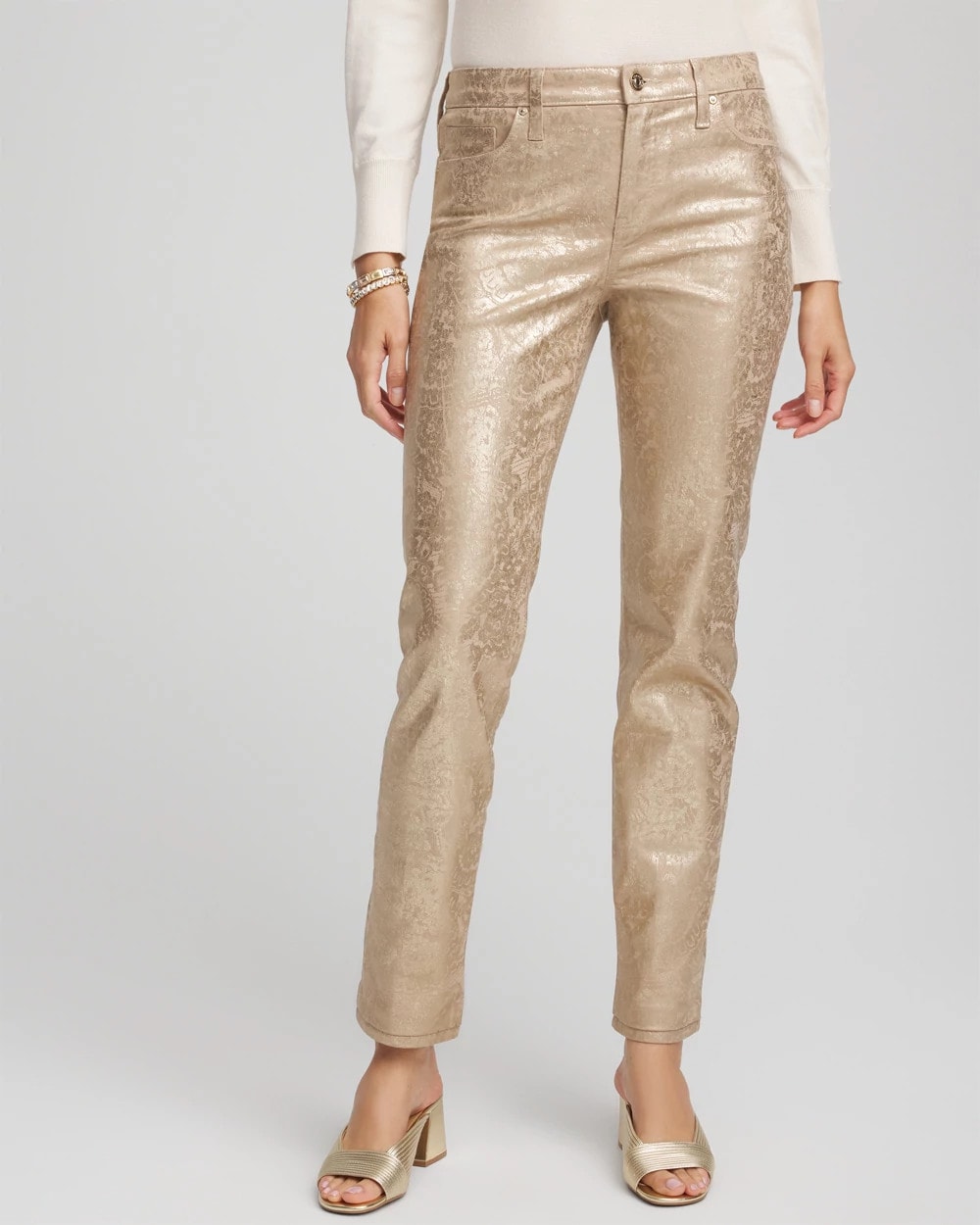 Chico's Women | Girlfriend Slim Ankle Foiled Lace Jeans CHAMPAGNE FIZZ