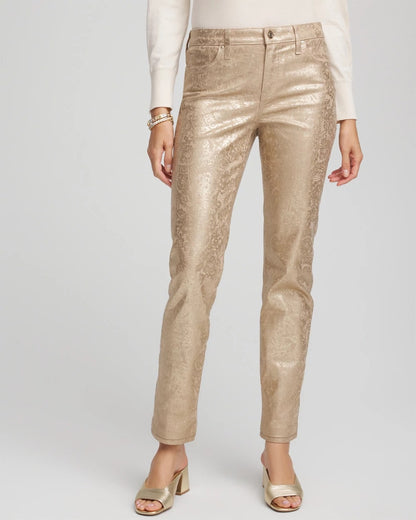 Chico's Women | Girlfriend Slim Ankle Foiled Lace Jeans CHAMPAGNE FIZZ