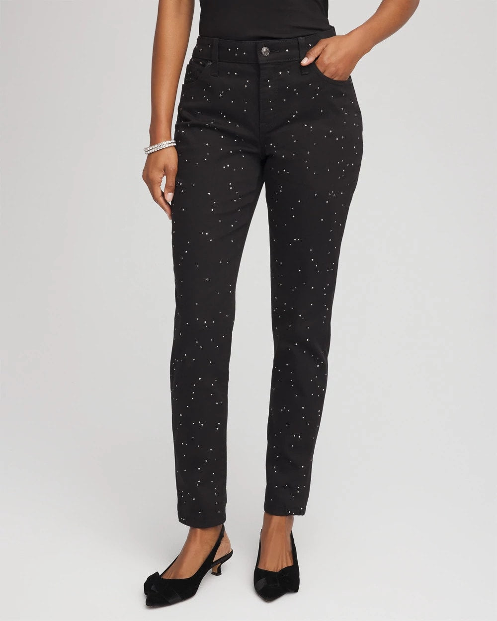 Chico's Women | Stone Embellished Girlfriend Slim Ankle Jeans BLACK