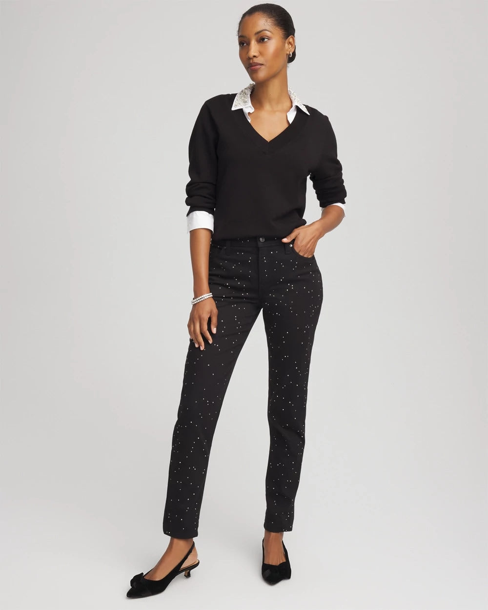 Chico's Women | Stone Embellished Girlfriend Slim Ankle Jeans BLACK