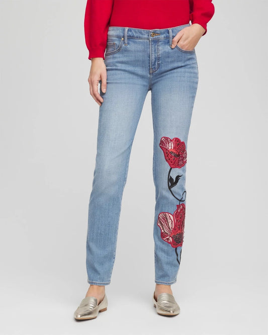 Chico's Women | Placed Floral Girlfriend Slim Ankle Jeans POPPY INDIGO