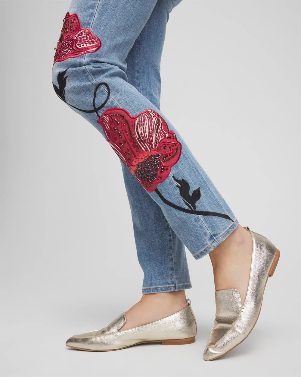 Chico's Women | Placed Floral Girlfriend Slim Ankle Jeans POPPY INDIGO