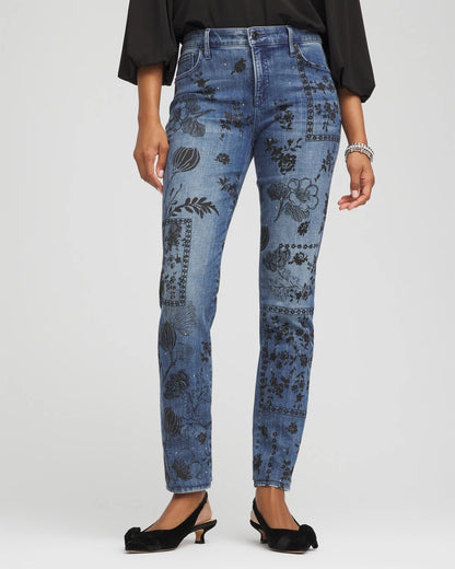 Chico's Women | Mixed-Media Girlfriend Slim Ankle Jeans EMILIA INDIGO