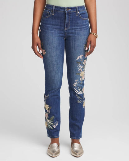 Chico's Women | Appliqué Girlfriend Slim Ankle Jeans DRAGON ROAD INDIGO