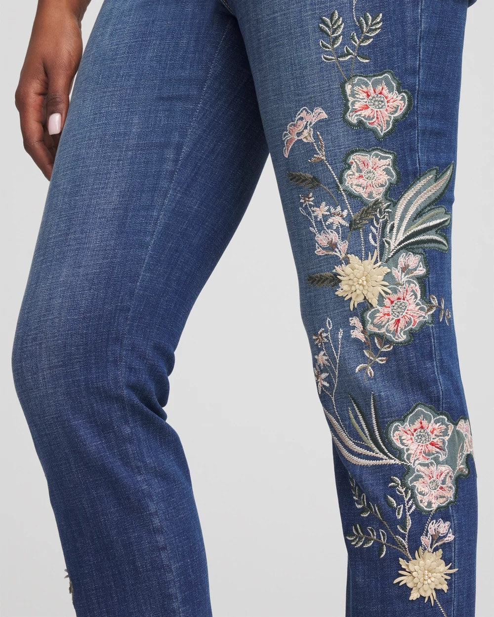 Chico's Women | Appliqué Girlfriend Slim Ankle Jeans DRAGON ROAD INDIGO