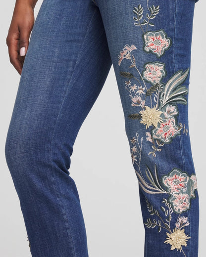 Chico's Women | Appliqué Girlfriend Slim Ankle Jeans DRAGON ROAD INDIGO